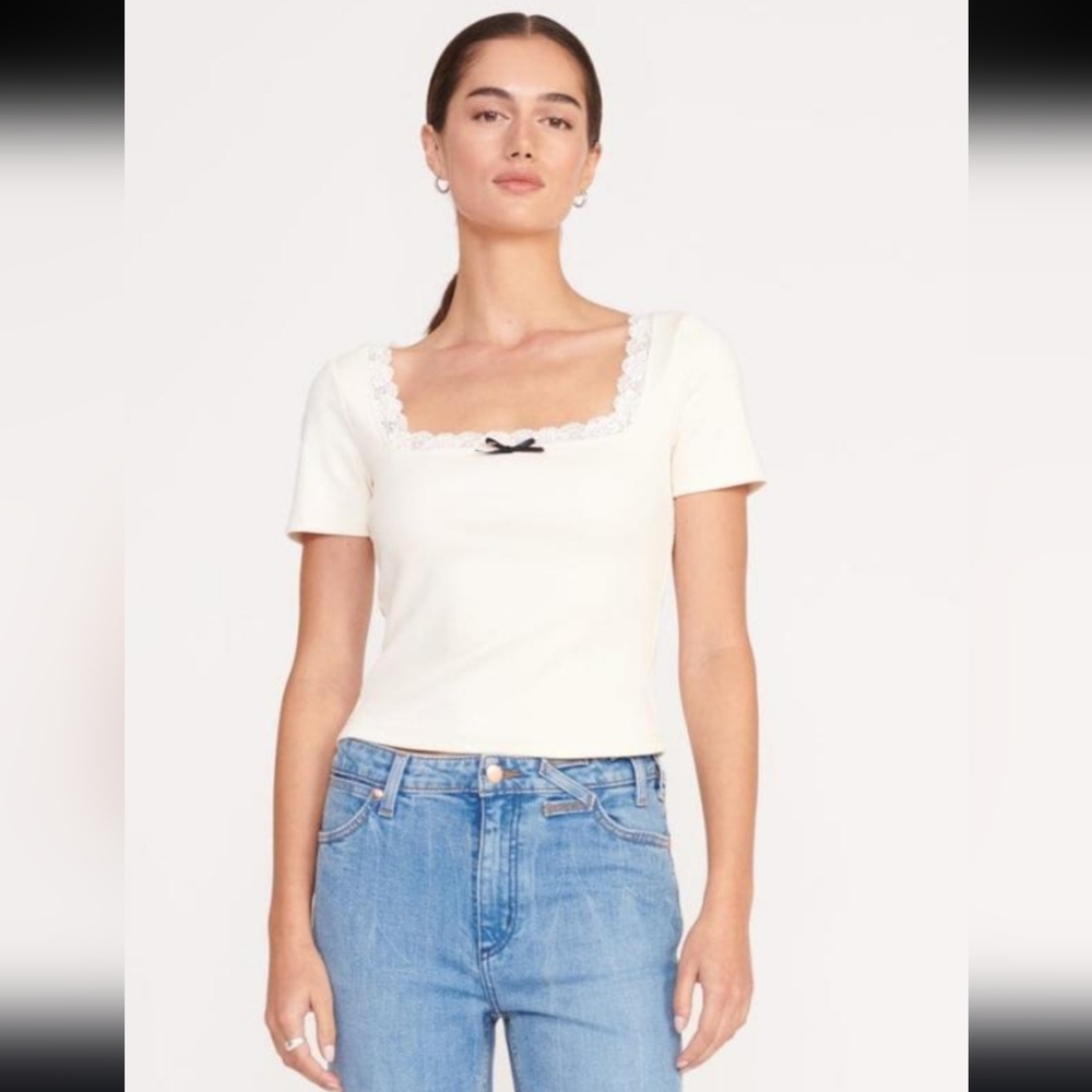 STAUD Dixie Top w/ Square Neckline & Lace Trim In Ivory Women's Size XL